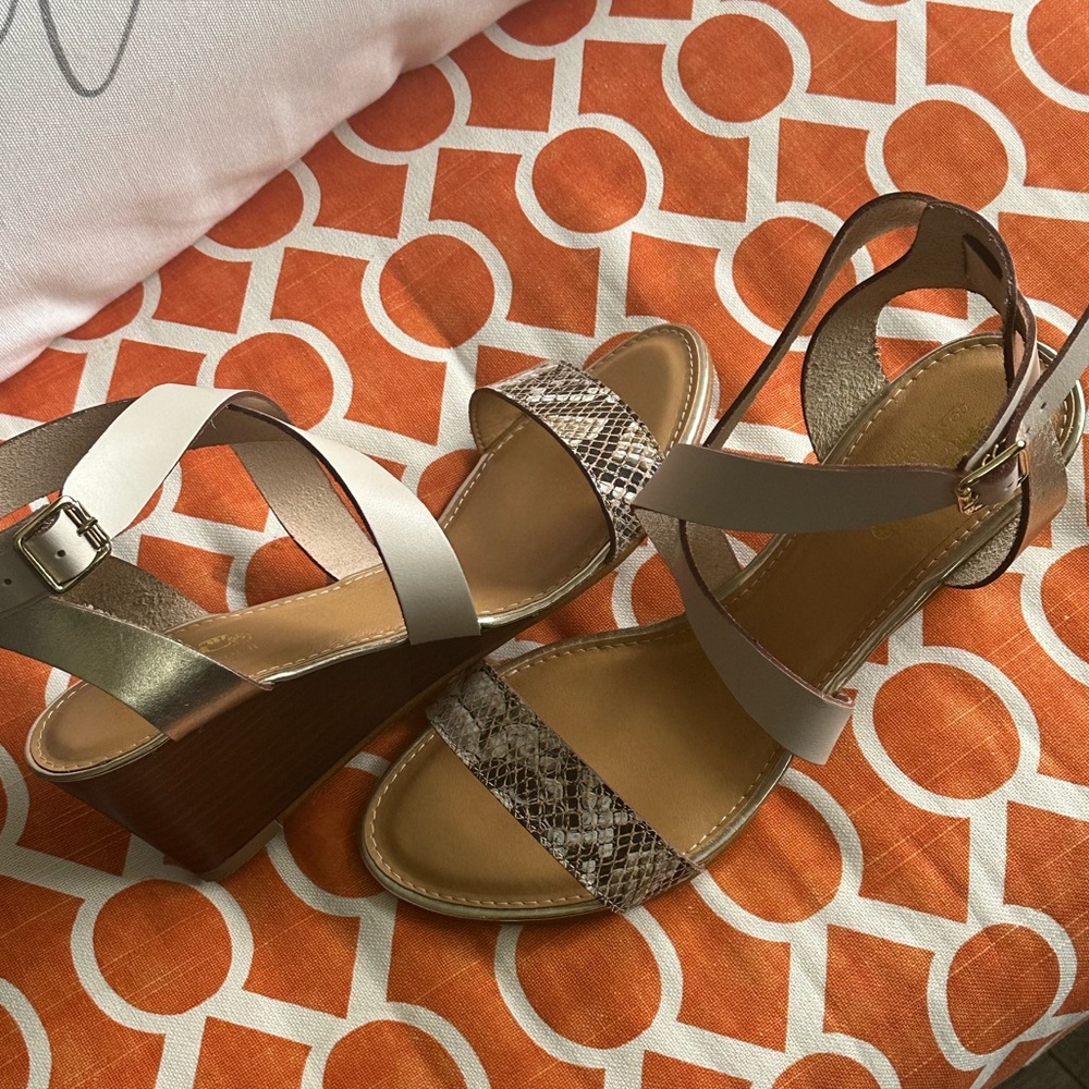 Coach & Four Strappy Leather/Faux Animal Print Wedge Sandals